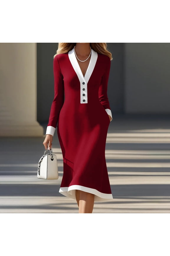 Long Sleeve Bodycon Dress Women V-Neck Button Closure Midi Work Dresses Office Tunic Business Casual Officewear XXL