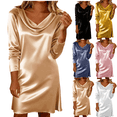 thumbnail image 1 of Mifsaly Long Sleeve Satin Dress Women 2026 Cowl Neck Elegant Wedding Guest Dress Mini Soft Cozy Cocktail Party Evening Gowns XXL, 1 of 8
