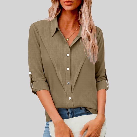 Mifsaly Long Sleeve Shirt for Women Linen Shirts Collared Button Up Business Casual Work Blouses Plus Size Summer Tops Lightweight Everyday Outfits L