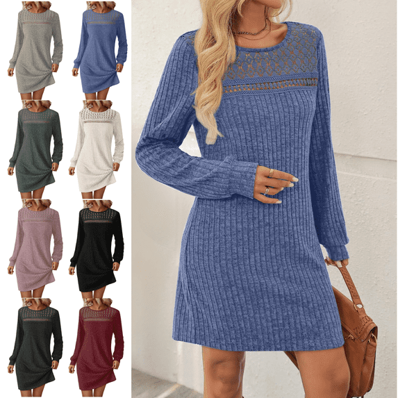Mifsaly Long Sleeve Sweater Dress for Women 2026 Ribbed Knit Dress Holiday Lace Patchwork Wedding Guest Dressy Casual Gowns Fall Winter Spring Workwear S