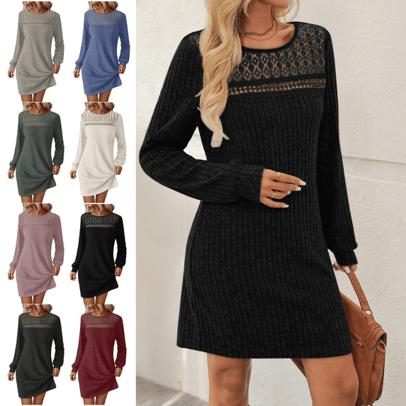 Mifsaly Long Sleeve Sweater Dress for Women 2026 Ribbed Knit Dress Holiday Lace Patchwork Wedding Guest Dressy Casual Gowns Fall Winter Spring Workwear S