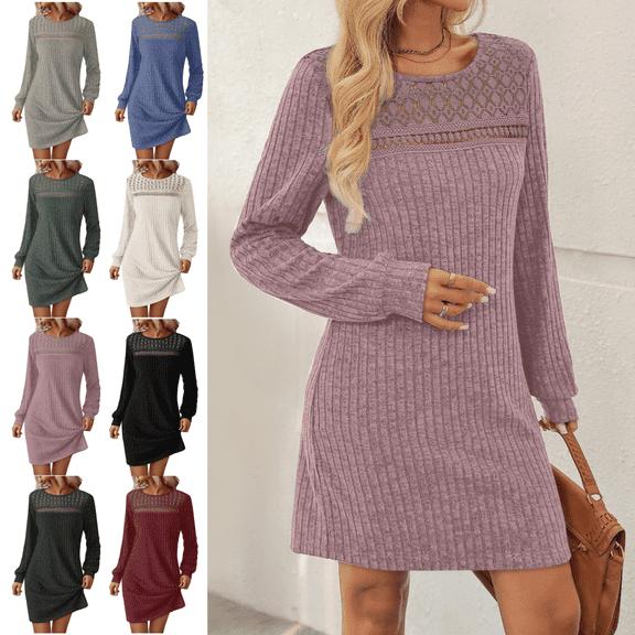 Mifsaly Long Sleeve Sweater Dress for Women 2026 Ribbed Knit Dress Holiday Lace Patchwork Wedding Guest Dressy Casual Gowns Fall Winter Spring Workwear XXL