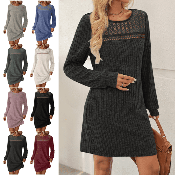 Mifsaly Long Sleeve Sweater Dress for Women 2026 Ribbed Knit Dress Holiday Lace Patchwork Wedding Guest Dressy Casual Gowns Fall Winter Spring Workwear XXL