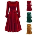 thumbnail image 1 of Mifsaly Long Sleeve Velvet Christmas Dress Women Square Neck Bow-Tie Front Flowy Velour Dresses Funny Festival Cocktail Party Elegant Gowns A-Line Ruched Vintage Xmas Outfits Red M, 1 of 3