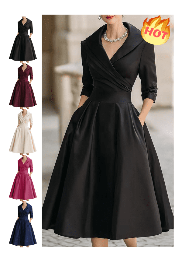 Long Sleeve Wedding Guest Dress Women V-Neck Winter Cocktail Dresses A-Line Tunic Evening Party Elegant Gowns with Pockets XXL