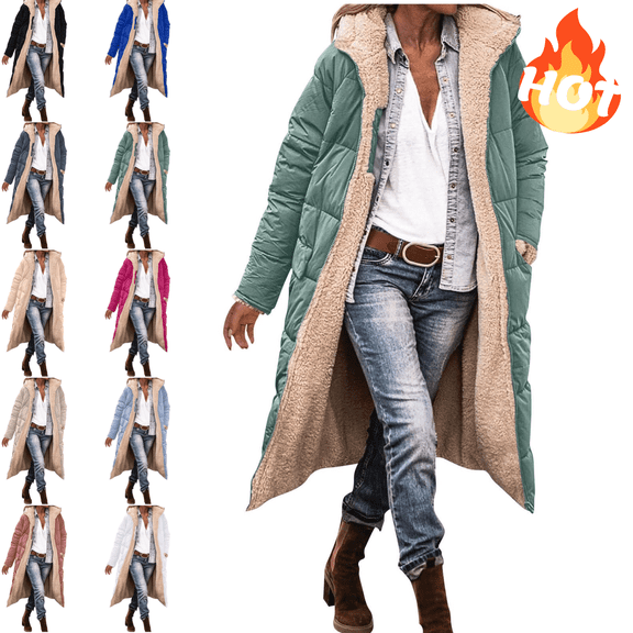 Mifsaly Long Winter Coats for Women Fleece Lined Zip up Hooded Padded Jacket Reversible Thicken Warm Sherpa Quilted Coat Long Sleeve Soild Parka Outerwear Oversized Thermal Puffer Jacket with Pockets