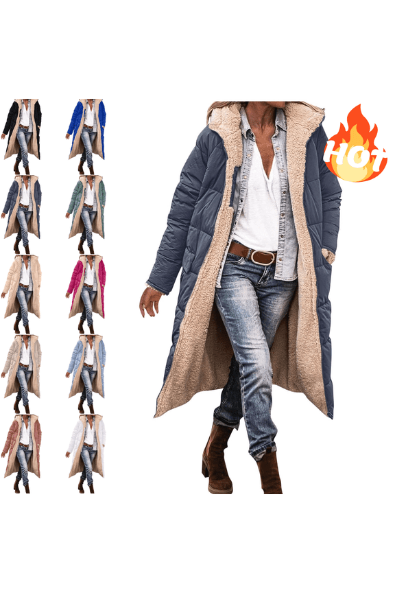 Long Winter Coats for Women Fleece Lined Zip up Hooded Padded Jacket Reversible Thicken Warm Sherpa Quilted Coat Long Sleeve Soild Parka Outerwear Oversized Thermal Puffer Jacket with Pockets