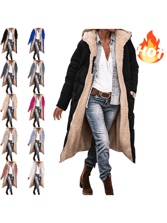 Long Winter Coats for Women Fleece Lined Zip up Hooded Padded Jacket Reversible Thicken Warm Sherpa Quilted Coat Long Sleeve Soild Parka Outerwear Oversized Thermal Puffer Jacket with Pockets