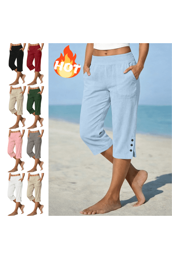 Loose Capri Pants for Women Side Button Summer Casual Capris Lightweight Flowy Travel Everyday High Waisted Cropped Trousers with Pockets Light Blue,M