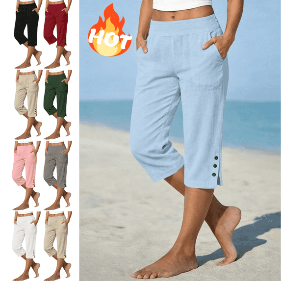 Mifsaly Loose Capri Pants for Women Side Button Summer Casual Capris Lightweight Flowy Travel Everyday High Waisted Cropped Trousers with Pockets Light Blue,XL