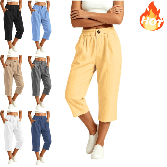Mifsaly Loose Capri Pants for Women Elastic Waist Casual Summer Capris Lightweight Comfy Lounge Office Work Outfits with Pockets Yellow,XL