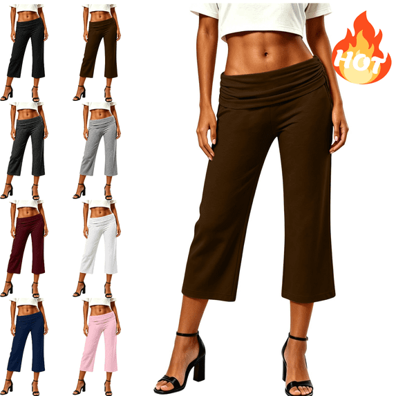 Mifsaly Loose Capri Pants for Women Foldover Waistband Wide Leg Lounge Capris Lightweight Breathable Yoga Dance Everyday Cropped Trousers Brown,S
