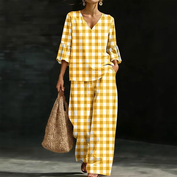 Mifsaly Lounge Wear for Women 2 Piece Set Plaid V Neck Bell Sleeve Top and Relaxed Wide Leg Pants Comfortable Everyday Casual Matching Outfits with Pockets Yellow,XL