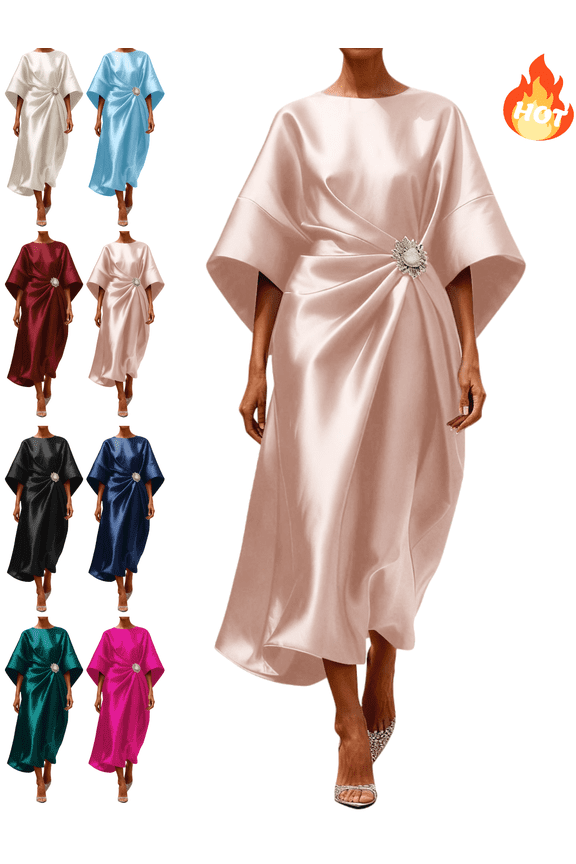 Madi Satin Dress for Women Batwing 3/4 Sleeve Oversized Semi formal Dresses Side Detachable Knot Elegant Business Work Wedding Guest Clothes XL
