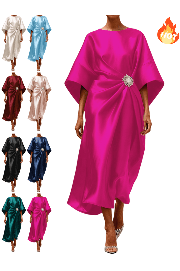 Madi Satin Dress for Women Batwing 3/4 Sleeve Oversized Semi formal Dresses Side Detachable Knot Elegant Business Work Wedding Guest Clothes XL