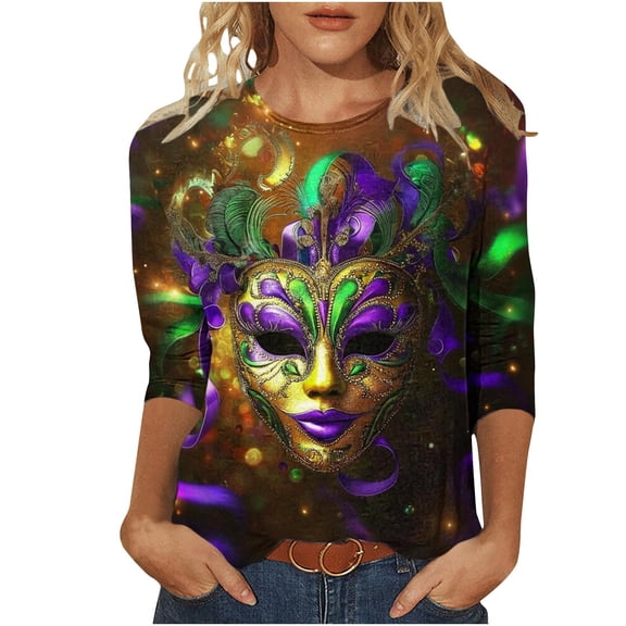 Mifsaly Mardi Gras Tops Women Crewneck 3/4 Sleeve Carnival Mask Print Shirts Plussize Lightweight Festival Pullover Top Funny Party Fashion T-Shirts Spring Summer Going Out Daily Streetwear XXXXL
