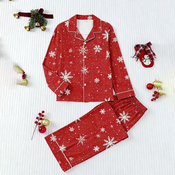 Mifsaly Matching Christmas Pajama Set Women Lapel Long Sleeve Sleepwear Pullover Xmas Print Button Down Nightwear Wide Leg Sleep Pants 2025 Lounge Matching Outfits Winter Homewear