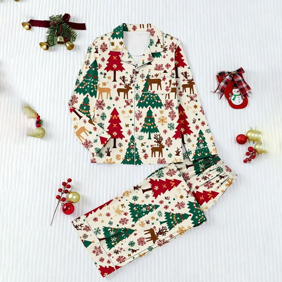 Mifsaly Matching Christmas Pajama Set Women Lapel Long Sleeve Sleepwear Pullover Xmas Print Button Down Nightwear Wide Leg Sleep Pants 2025 Lounge Matching Outfits Winter Homewear
