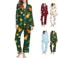 thumbnail image 1 of Mifsaly Matching Christmas Pajamas Women Lounge Pjs 2 Piece V-Neck Long Sleeve Sleepwear Button Down Xmas Snowflake Print Nightwear Bright and Merry Loose Pants Festival Funny Homewear Holiday Gifts, 1 of 7
