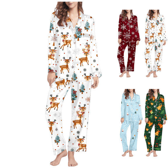 Mifsaly Matching Christmas Pajamas Women Lounge Pjs 2 Piece V-Neck Long Sleeve Sleepwear Button Down Xmas Snowflake Print Nightwear Bright and Merry Loose Pants Festival Funny Homewear Holiday Gifts