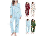 thumbnail image 1 of Mifsaly Matching Christmas Pajamas Women Lounge Pjs 2 Piece V-Neck Long Sleeve Sleepwear Button Down Xmas Snowflake Print Nightwear Bright and Merry Loose Pants Festival Funny Homewear Holiday Gifts, 1 of 7