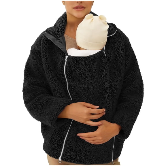 Mifsaly Maternity 2 In 1 Fuzzy Fleece Jacket Women Zip up Thick Warm Winter Coat Pregnant Thermal Teddy Coats Cold Weather Baby Wearing Outerwear with Pockets Black M