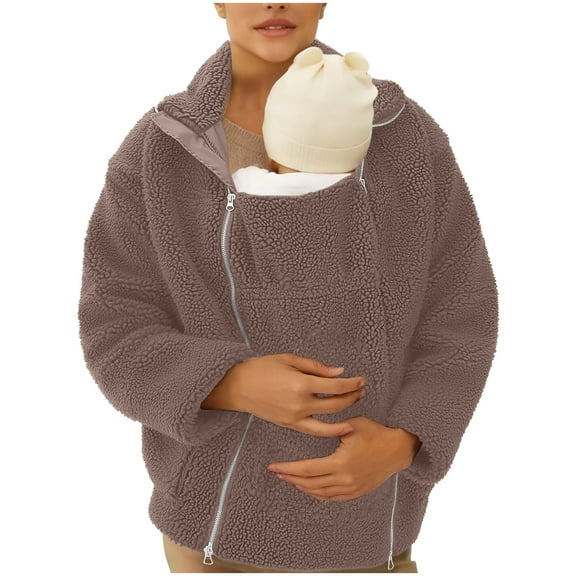 Mifsaly Maternity 2 In 1 Fuzzy Fleece Jacket Women Zip up Thick Warm Winter Coat Pregnant Thermal Teddy Coats Cold Weather Baby Wearing Outerwear with Pockets Coffee XXL
