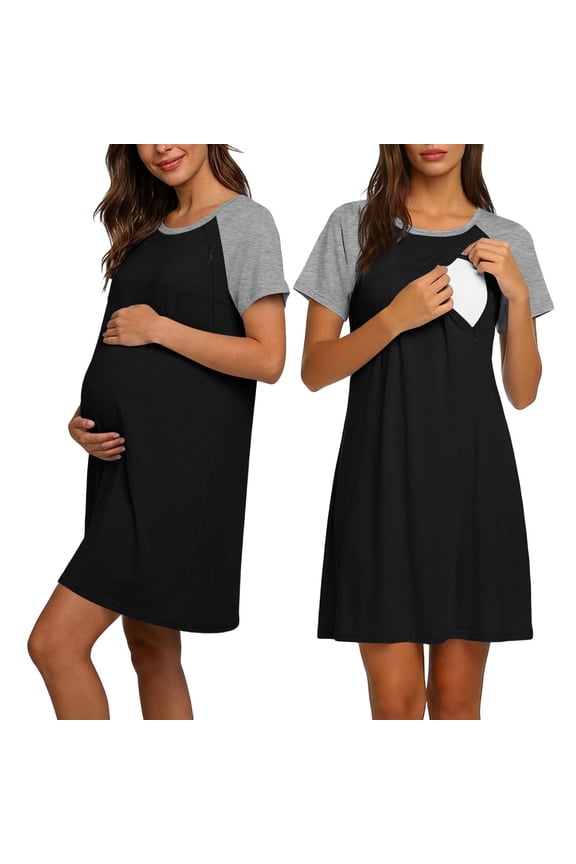 Maternity Breastfeeding Dress Short Sleeve Pregnancy Hospital Dresses with Hidden Zipper Patchwork Comfortable Casual Postpartum Clothes Black,XL