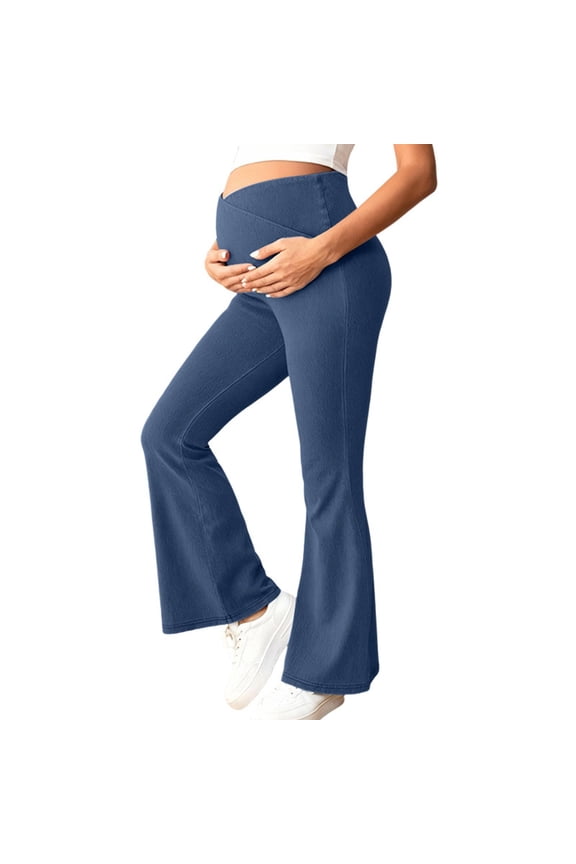 Maternity Pants for Work Over The Belly Crossover V-Waist Pregnancy Flare Jean Pant Summer Casual Supportive Stretch Bell Bottoms