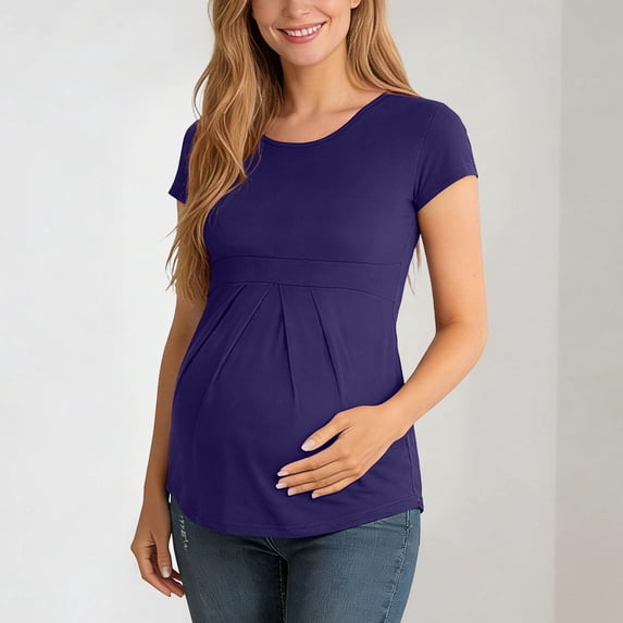 Mifsaly Maternity Shirts for Women Empire Waist Short Sleeve Pleated Front Pregnancy Cotton Shirt Soft Stretchy Comfortable Summer Casual Outfits XXXXL