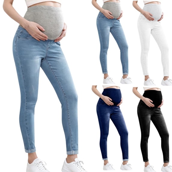Mifsaly Maternity Skinny Jeans for Women Over The Belly High Waisted Pregnancy Denim Pants with Pockets Comfortable Stretchy Slim Fit Trousers L