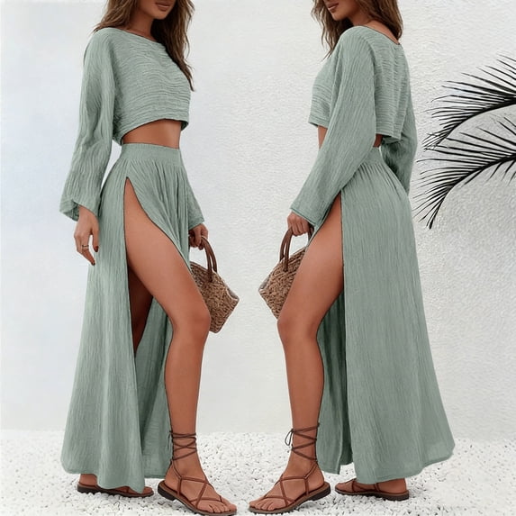 Mifsaly Maxi Skirt Sets Women 2 Piece Outfits Long Sleeve Crop Top and High Slit Skirts Lightweight Flowy Summer Beach Vacation Boho Linen Matching Clothes Mint Green,M