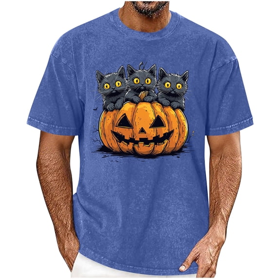 Mifsaly Men Halloween T-Shirts Black Cats Pumpkin Graphic Short Sleeve Crew Neck Tops Comfortable Casual Fall Novelty Graphic Shirts Blue,XL