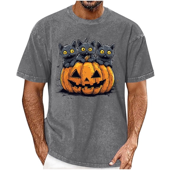 Mifsaly Men Halloween T-Shirts Black Cats Pumpkin Graphic Short Sleeve Crew Neck Tops Comfortable Casual Fall Novelty Graphic Shirts Gray,XXL