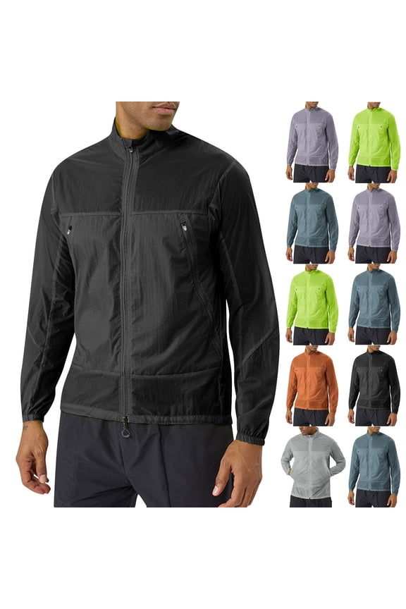 Men Lightweight Sun Protection Jacket Long Sleeve Full Zip Windbreaker Breathable Outdoor Athletic Running Jackets with Zipper Pockets L