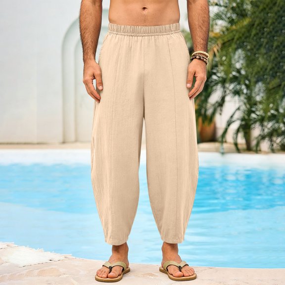 Mifsaly Men Linen Pants Baggy Wide Leg Pant Elastic Waist Lightweight Loose Trousers Summer Beach Work Vacation Clothes with Pockets 2026 L
