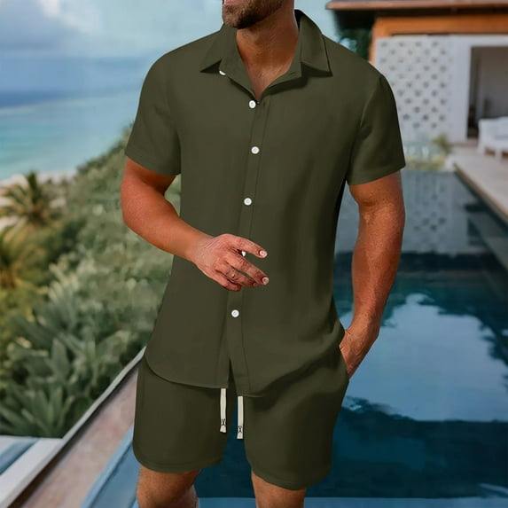Mifsaly Men Linen Short Sets Outfits 2 Piece Short Sleeve Button Down Shirt and Drawstring Shorts with Pockets Summer Vacation Everyday Matching Lounge Set S