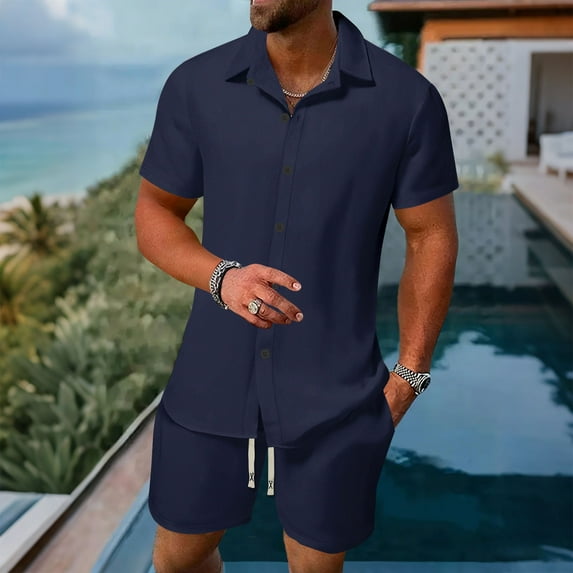Mifsaly Men Linen Short Sets Outfits 2 Piece Short Sleeve Button Down Shirt and Drawstring Shorts with Pockets Summer Vacation Everyday Matching Lounge Set XL