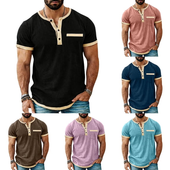 Mifsaly Men Linen Top Short Sleeve Henley Shirts Button Closure Summer Shirts Lightweight Relaxed Work Blouses Outdoor Everyday Officewear L