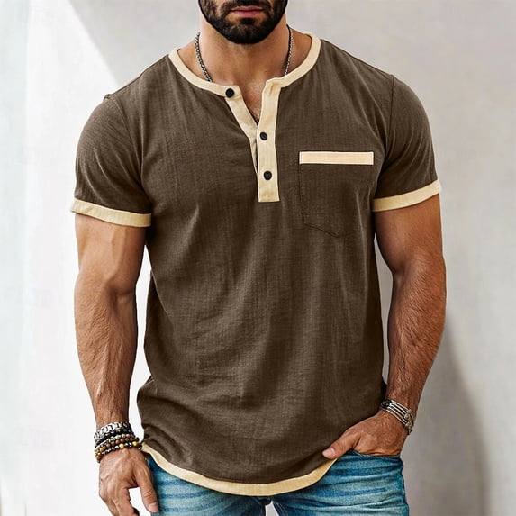 Mifsaly Men Linen Top Short Sleeve Henley Shirts Button Closure Summer Shirts Lightweight Relaxed Work Blouses Outdoor Everyday Officewear XXL