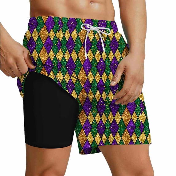 Mifsaly Men Swim Trunks Sunset Palm Tree Print Beach Shorts with Compression Liner Surfing Swimming Summer Vacation Bathing Suit S