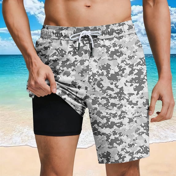 Mifsaly Men's Camouflage Swim Shorts Quick-Dry Board Shorts with Compression Liner Summer Vacation Swimming Short Pants L