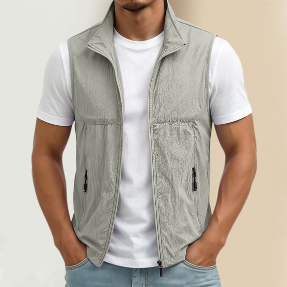 Mifsaly Men's Lightweight Windbreaker Vest Stand Collar Zip Up Sleeveless Jacket Casual Sportswear Running Outerwear Waistcoat with Zip Pockets for Golf Hiking Travel Gray,XXL