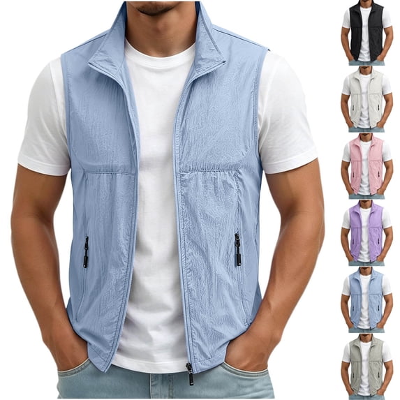 Mifsaly Men's Lightweight Windbreaker Vest Stand Collar Zip Up Sleeveless Jacket Casual Sportswear Running Outerwear Waistcoat with Zip Pockets for Golf Hiking Travel Light Blue,XL