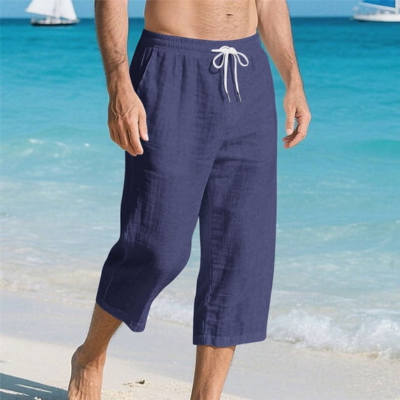 Mifsaly Men's Linen Capri Pants Drawstring Elastic Waist Loose Fit Summer Shorts Lightweight Comfortable Going Out Everyday Short Pant with Pockets