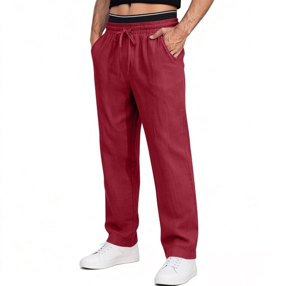 Mifsaly Men's Linen Pants Slim Fit Straight Leg Casual Pant Drawstring Elastic Waist Everyday Office Work Trousers Comfortable Summer Workwear with Pockets L