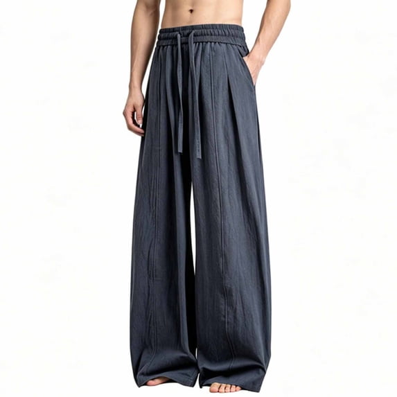 Mifsaly Men's Linen Pants Wide Leg Lounge Pant Soft Breathable Casual Loose Fit Elastic Waist Drawstring Baggy Trousers with Pockets Gray,XXL