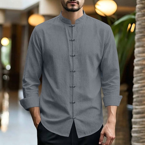 Mifsaly Men's Linen Shirts Mandarin Collar Long Sleeve Chinese Frog Button Tops Lightweight Casual Spring Fall Vacation Clothes Dark Gray,S