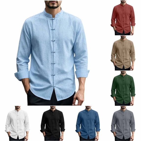 Mifsaly Men's Linen Shirts Mandarin Collar Long Sleeve Chinese Frog Button Tops Lightweight Casual Spring Fall Vacation Clothes Light Blue,L