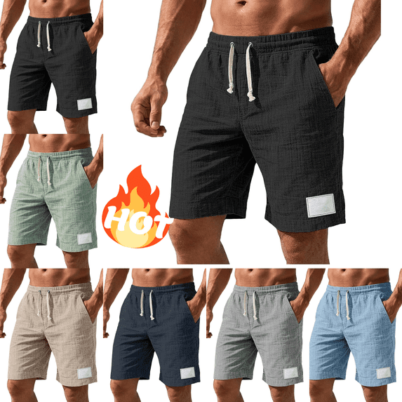 Mifsaly Men's Linen Shorts Elastic Waist Drawstring Beach Shorts Textures Lightweight Breathable Casual Summer Vacation Outfits with Pockets Black,XXXL